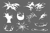 Set of water, milk or yoghurt splash clipart, water drops and crown from falling into the liquid, isolated vector effects design. Spray motion, spatter blast, drip, firework 2D VFX game illustration