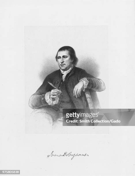 Black and white etching depicting a three-quarter length portrait, of New Jersey lawyer and Second Continental Congress member, Jonathan Dickinson...