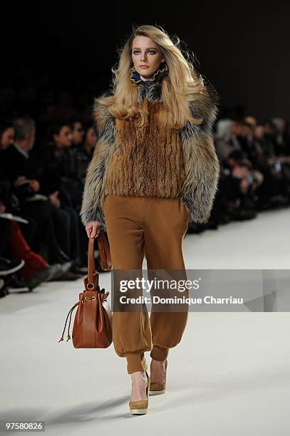 Model walks the runway during the Chloe Ready to Wear show as part of the Paris Womenswear Fashion Week Fall/Winter 2011 at Espace Ephemere Tuileries...