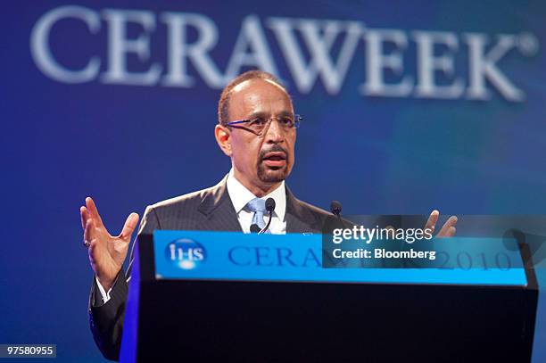 Khalid Al-Falih, president and chief executive officer of Saudi Arabian Oil Co., speaks at the 2010 CERAWEEK conference in Houston, Texas, U.S., on...