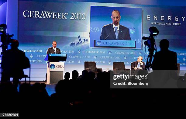 Khalid Al-Falih, president and chief executive officer of Saudi Arabian Oil Co., speaks at the 2010 CERAWEEK conference in Houston, Texas, U.S., on...