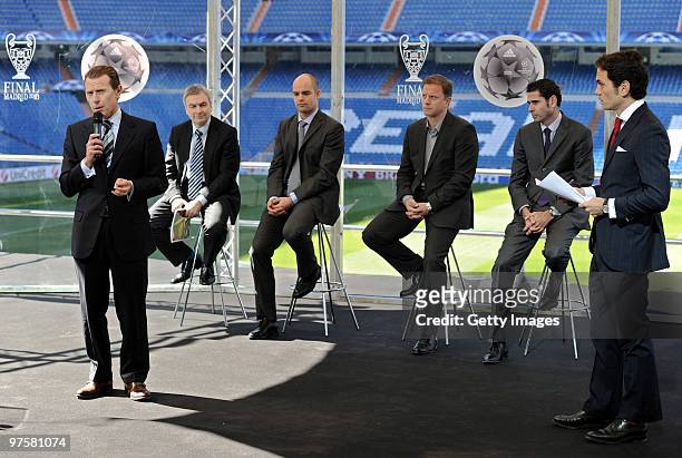 Ambassador of the Champions League Final Emilio Butragueno gestures as he speaks during the presentation of the new Official Match Ball for the UEFA...