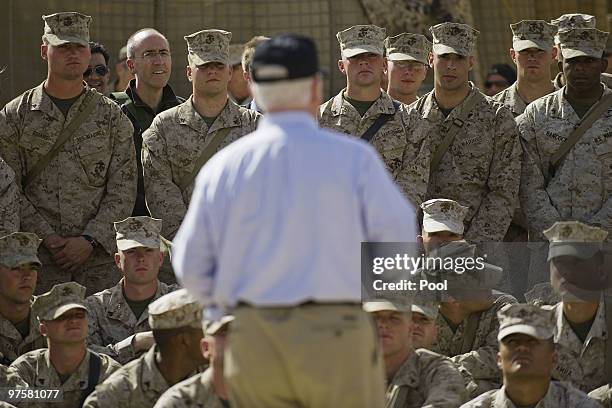 Secretary of Defence Robert Gates speaks with US Marines of the 3rd Battalion, 4th Marine Regiment, at Combat Out Post Cafereta near the town of Now...