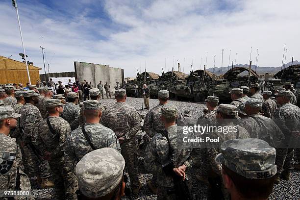 Secretary of Defense Robert Gates speaks with 1st Battalion, 17th Infantry Regiment, troops at Forward Operating Base Frontenac in Kandahar on March...