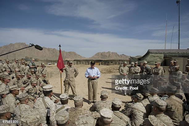 Secretary of Defence Robert Gates speaks with US Marines of the 3rd Battalion, 4th Marine Regiment, at Combat Out Post Cafereta near the town of Now...