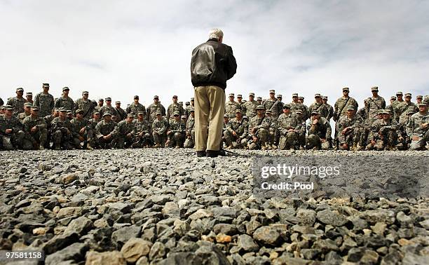 Secretary of Defense Robert Gates speaks with 1st Battalion, 17th Infantry Regiment, troops at Forward Operating Base Frontenac in Kandahar on March...