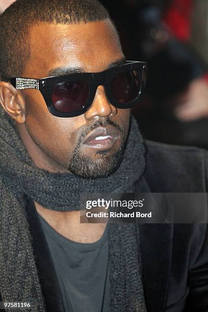 Kanye West attends the Cerruti fashion show during Paris Menswear Fashion Week Autumn/Winter 2010 at Palais de Tokyo on January 22, 2010 in Paris,...