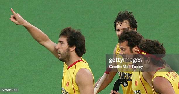 Action from the Spain Vs England hockey world cup match at the Major Dhyan Chand national stadium in New Delhi on March 8, 2010. Spain Beat England...