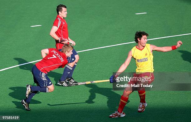 Action from the Spain Vs England hockey world cup match at the Major Dhyan Chand national stadium in New Delhi on March 8, 2010. Spain Beat England...