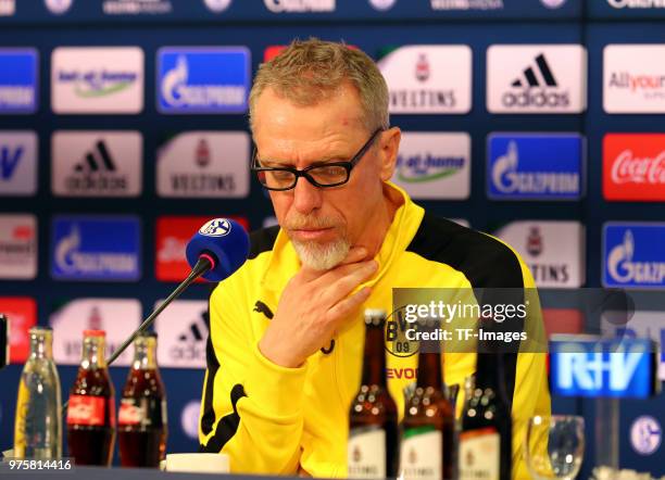Head coach Peter Stoeger of Dortmund attends the press conference after the Bundesliga match between FC Schalke 04 and Borussia Dortmund at...