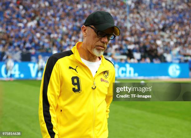 Head coach Peter Stoeger of Dortmund looks on prior to the Bundesliga match between FC Schalke 04 and Borussia Dortmund at Veltins-Arena on April 15,...