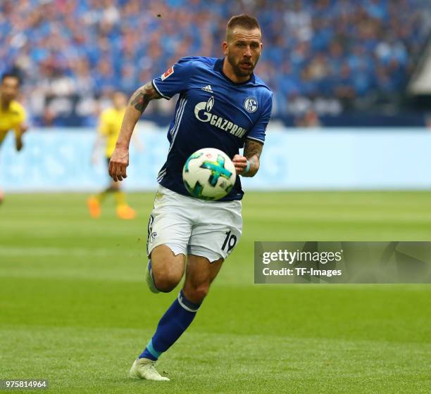 Guido Burgstaller of Schalke controls the ball during the Bundesliga match between FC Schalke 04 and Borussia Dortmund at Veltins-Arena on April 15,...