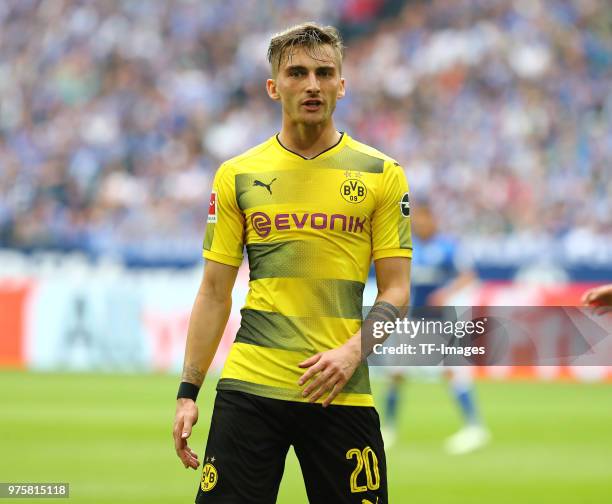 Maximilian Philipp of Dortmund looks on during the Bundesliga match between FC Schalke 04 and Borussia Dortmund at Veltins-Arena on April 15, 2018 in...