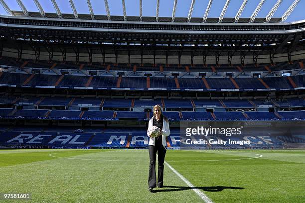Adidas designer Janneke van Oorschot holds the new Official Match Ball for the UEFA Champions League Final in Madrid on May 22nd: the 'Finale Madrid'...