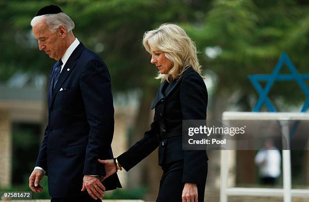 Vice President Joe Biden and his wife Dr. Jill Biden walk in the cemetery on Mt. Herzel March 9, 2010 in Jerusalem. This is the second day of Biden's...