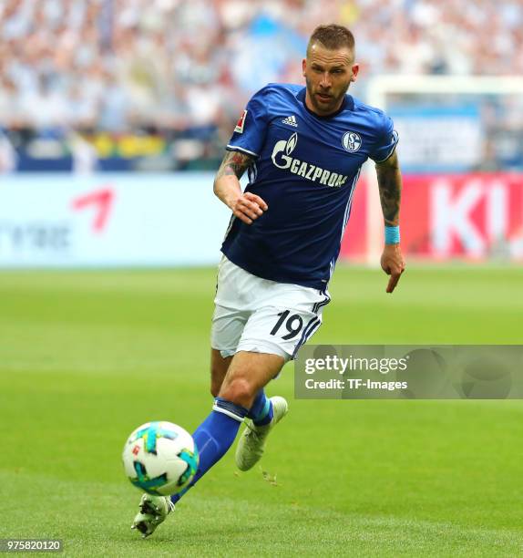 Guido Burgstaller of Schalke controls the ball during the Bundesliga match between FC Schalke 04 and Borussia Dortmund at Veltins-Arena on April 15,...