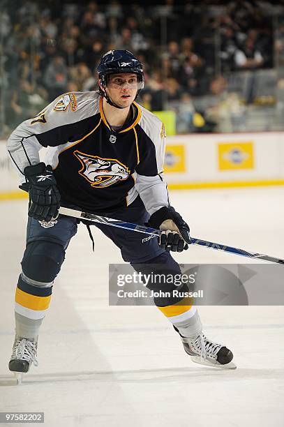 Denis Grebeshkov of the Nashville Predators skates against the Vancouver Canucks on March 7, 2010 at the Bridgestone Arena in Nashville, Tennessee.