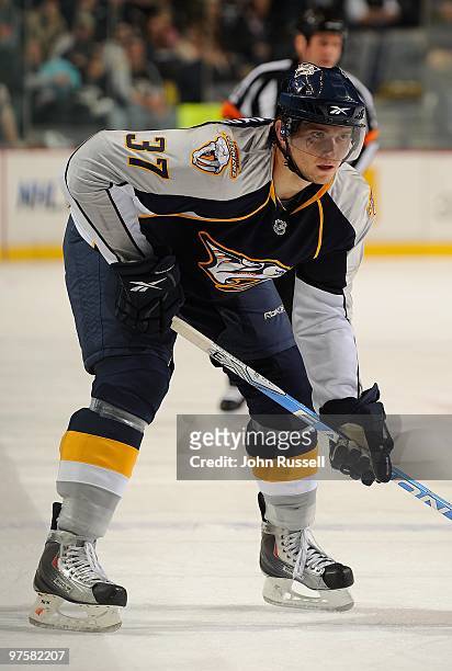 Denis Grebeshkov of the Nashville Predators skates against the Vancouver Canucks on March 7, 2010 at the Bridgestone Arena in Nashville, Tennessee.