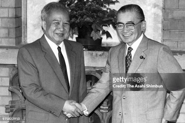 Prince Norodom Sihanouk Of Cambodia and Japanese Prime Minister Noboru Takeshita pror to their meeting at the prime minister's official residence on...