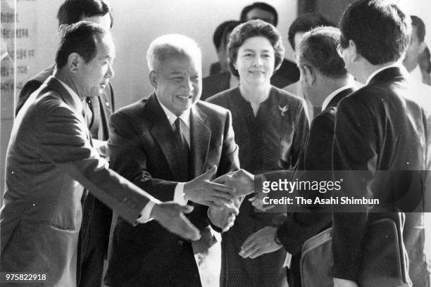 Prince Norodom Sihanouk and his wife Princess Norodom Monineath of Cambodia are welcomed on arrival at Narita Airport on August 8, 1988 in...