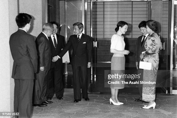 Prince Norodom Sihanouk and his wife Princess Norodom Monineath of Cambodia are welcomed by Crown Prince Akihito and Crown Princess Michiko at Togu...