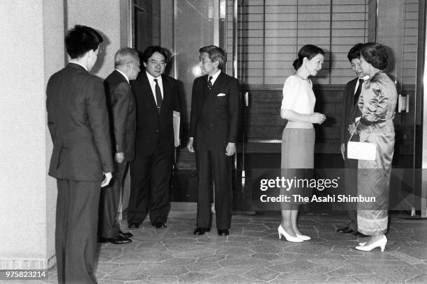 Prince Norodom Sihanouk and his wife Princess Norodom Monineath of Cambodia are welcomed by Crown Prince Akihito and Crown Princess Michiko at Togu...