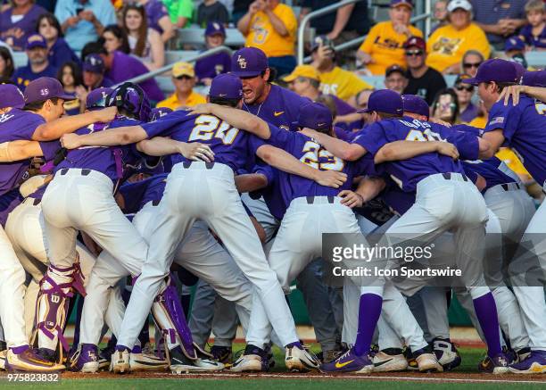 Tigers players huddle before a game between the Alabama Crimson Tide and the LSU Tigers on May 12 at Alex Box Stadium in Baton Rouge, LA.