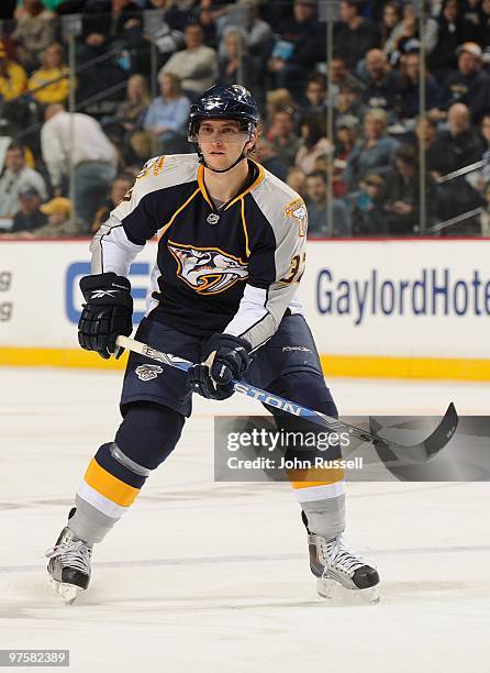 Denis Grebeshkov of the Nashville Predators skates against the Vancouver Canucks on March 7, 2010 at the Bridgestone Arena in Nashville, Tennessee.