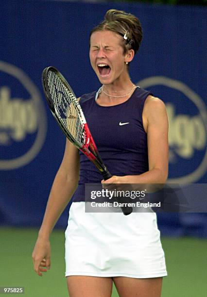 Lina Krasnoroutskaya of Russia feels the heat during the doubles quarter finals match between Lina Krasnoroutskaya/ Elina Bovina of Russia and Patty...