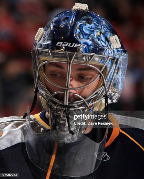 Close up of the mask of Dan Ellis of the Nashville Predators during an NHL game against the Detroit Red Wings at Joe Louis Arena on March 5, 2010 in...