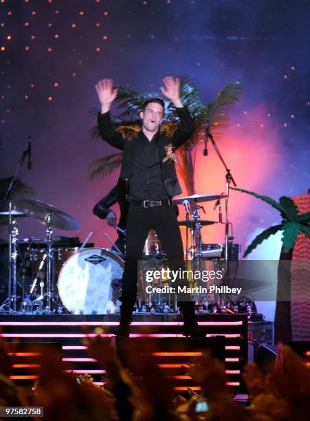 Brandon Flowers of The Killers performs on stage at V Festival at the Royal Melbourne Show Grounds on 4th April 2008 in Melbourne, Australia.