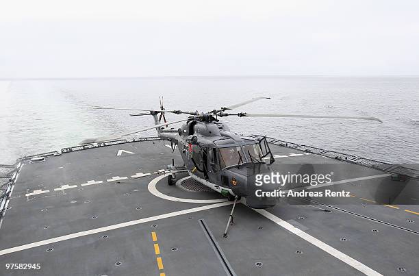 Sea Lynx MK 88 A helicopter is pictured at the FGS Mecklenburg Vorpommern Navy frigate on March 9, 2010 in Eckernfoerde, Germany. German Defense...