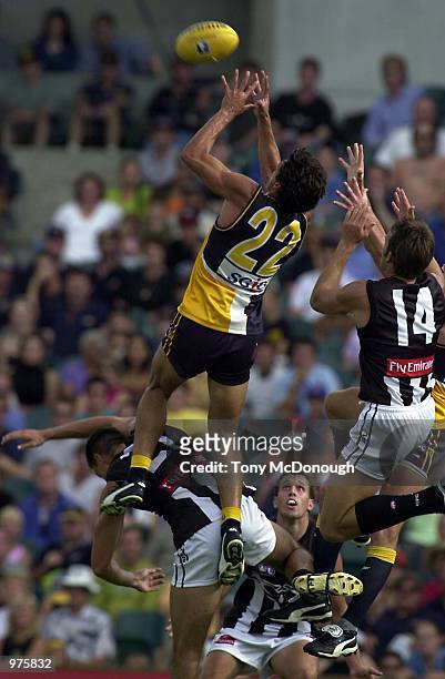 Michael Collica for West Coast Eagles takes a mark over Brent Tuckey and Shane Wakelin for Collingwood during the second quarter of round 2 match of...