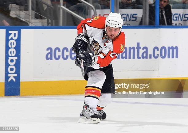 Bryan McCabe of the Florida Panthers fires a shot against the Atlanta Thrashers at Philips Arena on March 2, 2010 in Atlanta, Georgia.