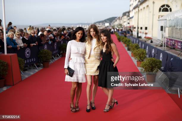 Charline Bourgeois-Tacquet, Sigrid Bouaziz, Anais Demoustier attend red carpet photocall during Cabourg Film Festival day 3 on June 15, 2018 in...