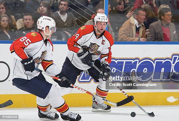 Bryan McCabe of the Florida Panthers carries the puck against the Atlanta Thrashers at Philips Arena on March 2, 2010 in Atlanta, Georgia.
