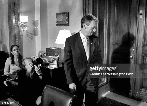 Senate Majority Leader Thomas A. Daschle leaves a news briefing on Capitol Hill in his office following his impassioned Senate Floor speech where he...