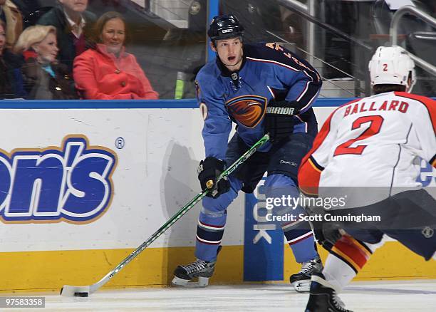 Colby Armstrong of the Atlanta Thrashers carries the puck against the Florida Panthers at Philips Arena on March 2, 2010 in Atlanta, Georgia.