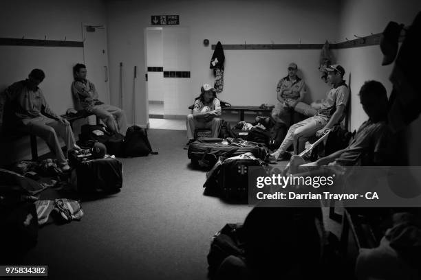 The Australian Indigenous Men's cricket team sit in the change rooms at the change of innings during a match against Sussex in Hove on June 8 United...