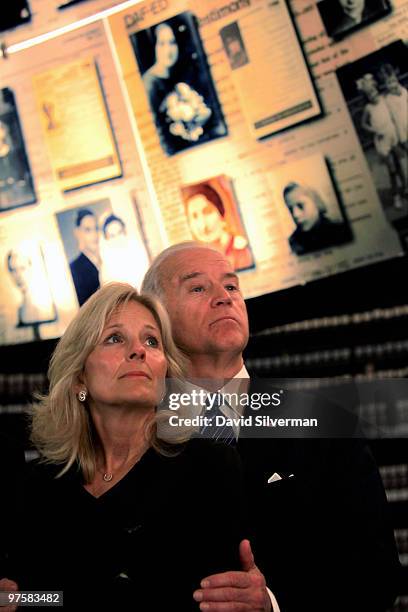 Vice-President Joe Biden and his wife, Dr. Jill Biden, look up at the names and photographs of murdered Jews as they visit the Hall of Names in the...