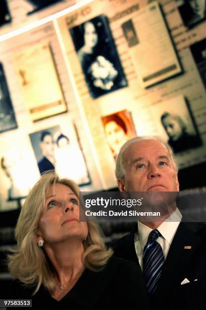 Vice-President Joe Biden and his wife, Dr. Jill Biden, look up at the names and photographs of murdered Jews as they visit the Hall of Names in the...
