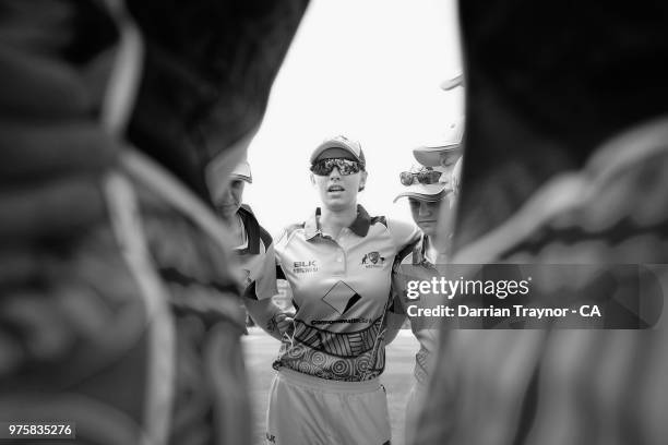 Ashleigh Gardner of The Australian Indigenous Women's cricket team speaks to her team before a match against Sussex at Hove on June 8 United Kingdom....