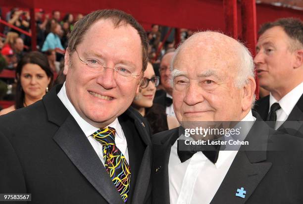 Producer John Lasseter and actor Ed Asner arrive at the 82nd Annual Academy Awards held at the Kodak Theatre on March 7, 2010 in Hollywood,...