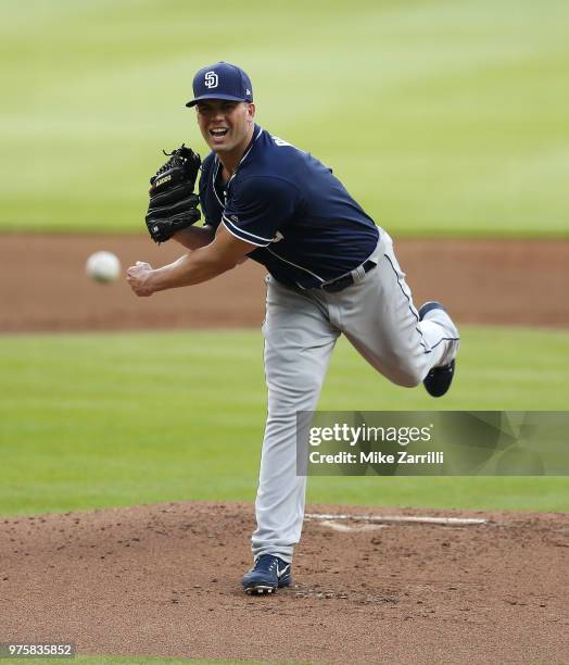 Pitcher Clayton Richard of the San Diego Padres throws a pitch in the first inning during the game against the Atlanta Braves at SunTrust Park on...