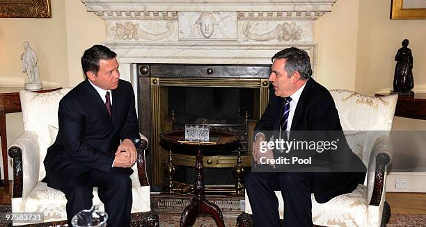 British Prime Minister Gordon Brown speaks with King Abdullah II of Jordan at Downing Street on March 09, 2010 in London, England. Gordon Brown and...