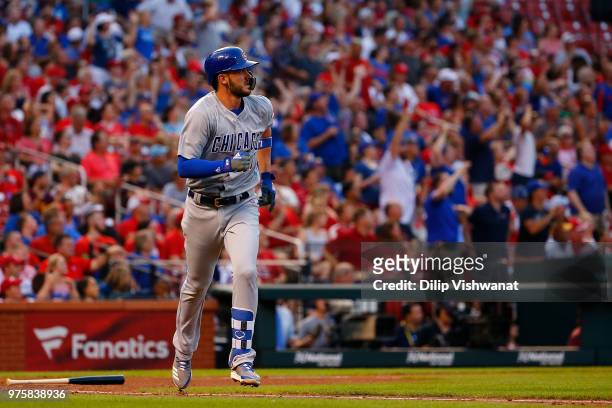 Kris Bryant of the Chicago Cubs hits a two-run home run against the St. Louis Cardinals in the third inning at Busch Stadium on June 15, 2018 in St....