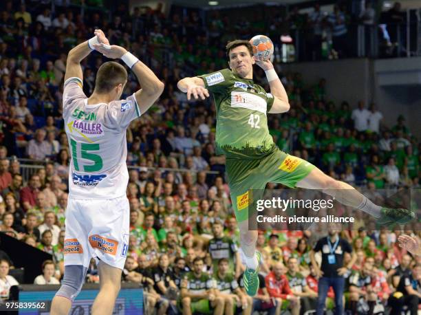 May 2018, Germany, Magdeburg: Handball, EHF Cup, Final Four, match for 3rd place, SC Magdeburg vs Frisch Auf Goeppingen at the GETEC Arena:...