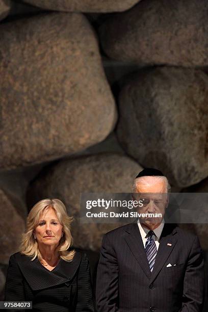Vice-President Joe Biden and his wife, Dr. Jill Biden, stand in silence in the Hall of Remembrances at the Yad Vashem Holocaust Memorial on March 9,...