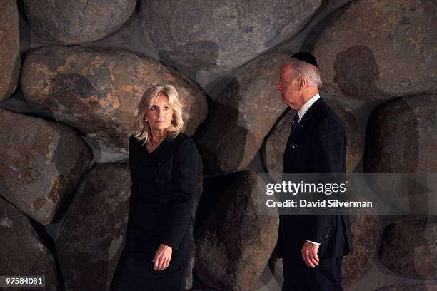 Vice-President Joe Biden and his wife, Dr. Jill Biden, walk into the Hall of Remembrances at the Yad Vashem Holocaust Memorial on March 9, 2010 in...