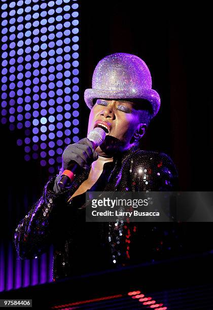 Singer Grace Jones performs during the 18th Annual Elton John AIDS Foundation Academy Award Party at Pacific Design Center on March 7, 2010 in West...